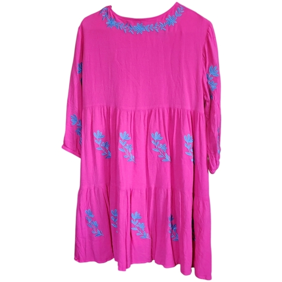 J. Marie Fuchsia Pink Blue Embroidered Floral Boho Dress Size Medium Flowy Tunic - Picture 3 of 8